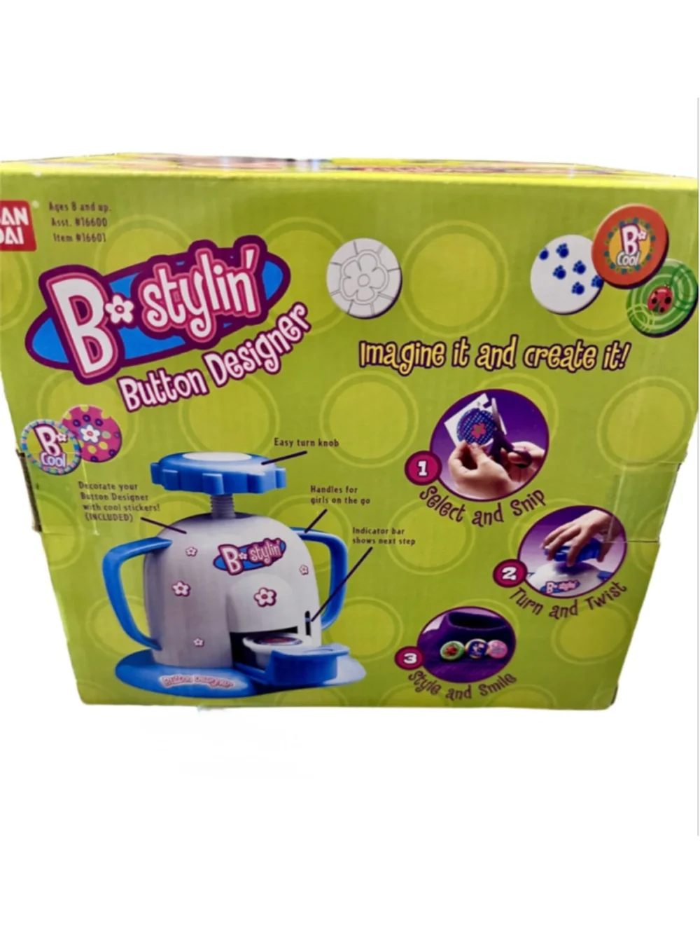 NIB VINTAGE BANDAI 2003 B-STYLIN Button & Badge Maker for ages 8 & up